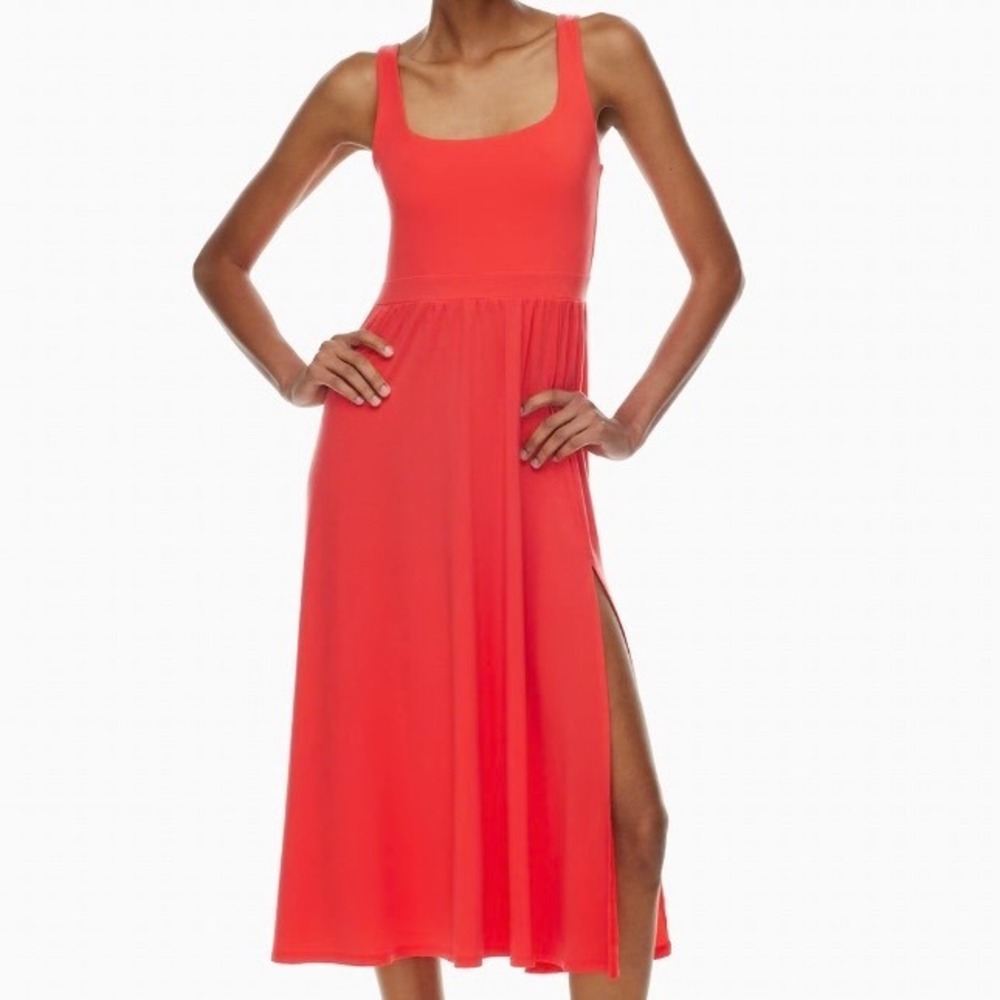 Wilfred Aritzia Coral Red Scoop Neck Empire Waist Midi Dress Side Slit Large